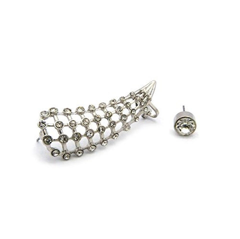 Rhinestone Stud with Basket Cone Ear Cuff in Silver-Tone