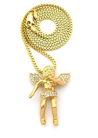 Micro Cherub Angel Rhinestone Pendant w/ 24" Box Chain - Gold Tone MMP53GBX