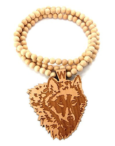 Wolf Wood Pendant 36" Wooden Bead Chain Necklace in Natural-Tone WX12NL