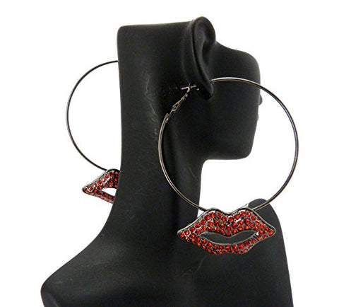 Rhinestone Lips Charm Dangle 2.5" Hoop Earrings in Hematite-Tone