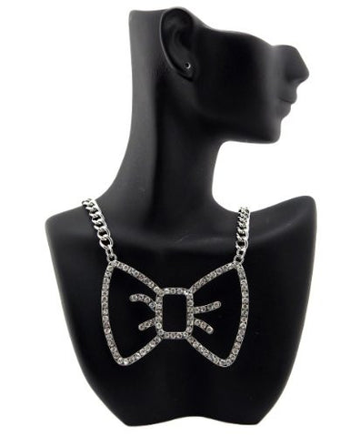 Clear Rhinestone Ribbon Bow Pendant 16" Silver Tone Link Chain Necklace NOS199RCL