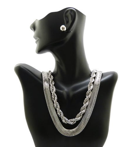 Silver Tone 18" Herringbone & Rope Chain Necklace Set w/ Earrings JS6001RD