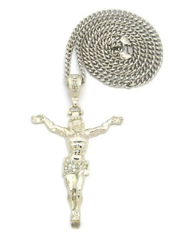 Crucifix Jesus Pendant in Silver Tone w/ 6mm 36" Cuban Link Chain CP130R