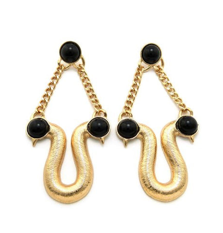 Pearl Stud Swan Design Drop Earrings in Black/Gold-Tone