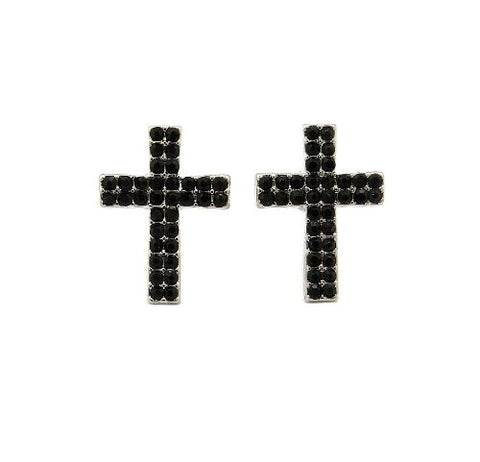Double Row Jet Stone Cross Stud Earrings in Silver-Tone