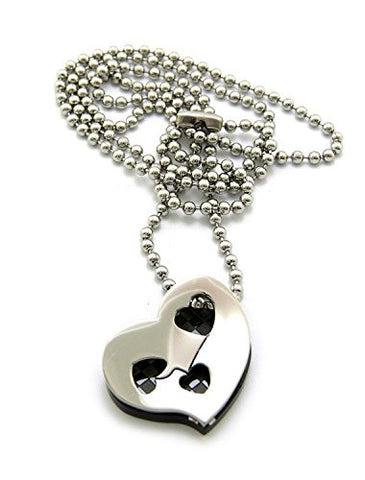 Cut Out Heart Print Pendant Necklace with 2mm 24" Stainless Steel Ball Chain - Silver-Tone