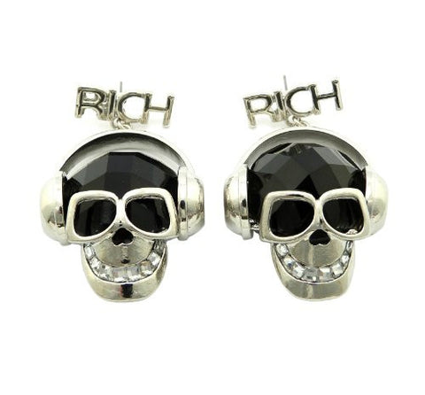 RICH Skull Charm Drop Earrings in Silver-Tone