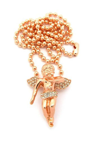 Pave Baby Angel Cherub Micro Pendant w/ 27" Ball Chain - Rose Gold Tone MMP2RG