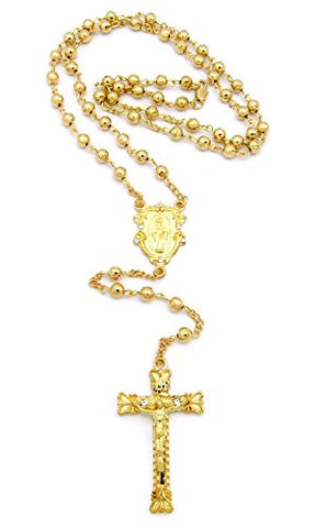 Royal St. Mary Charm and Crucifix Jesus Cross Pendant 36" Rosary Bead Necklace - Gold-Tone