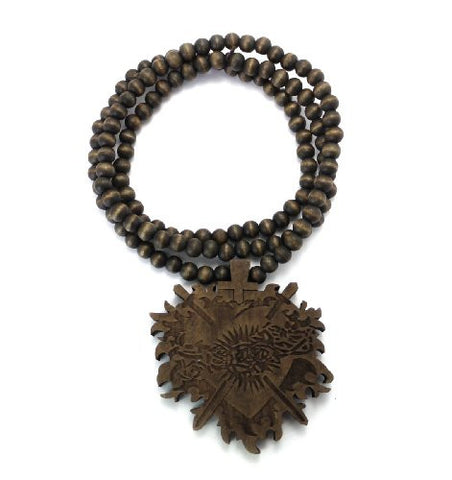 Cross Sword Flame Heart Wood Pendant 36" Wooden Bead Chain Necklace in Brown-Tone WJ188BRN