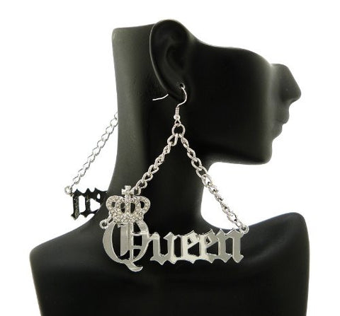 Crown Charm 'Queen' Drop Earrings in Silver-Tone