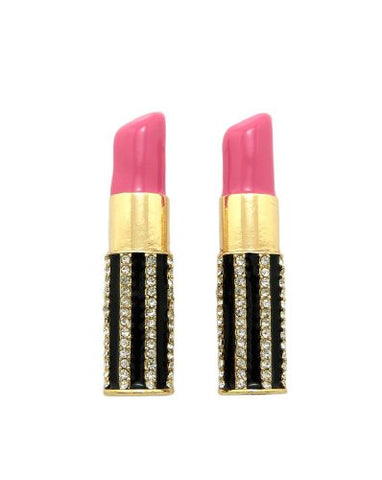 Pink Rhinestone Stripe Lipstick Earrings in Gold-Tone