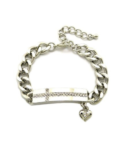 Rhinestone Cross & Heart Charm Silver Tone Link Bracelet BQ684RCL