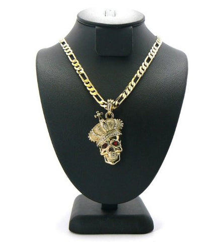 Crown Skull Micro Pendant w/ 5mm 24" Figaro Chain in Gold Tone MSP152G