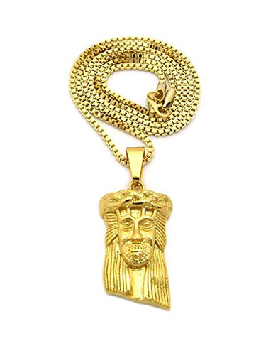 Solid Stainless Steel Jesus Pendant 2mm 24" Box Chain Necklace in Gold-Tone