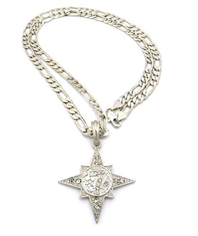 Stone Studded 5 Percenter Star Pendant with 24" Figaro Chain Necklace in Silver-Tone XSP410R