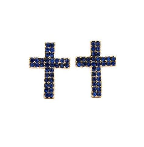 Double Row Blue Stone Cross Stud Earrings in Gold-Tone