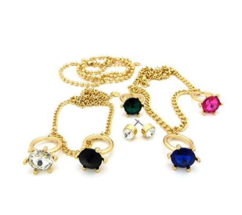 Rhinestone Ring Charm 3 Piece Necklace Set with Stud Earrings in Multi/Gold-Tone JS1050GDMLT