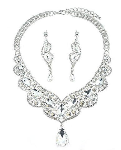 Dangling Teardrop Accent Clear Stone Necklace and Earrings Jewelry Set in Silver-Tone