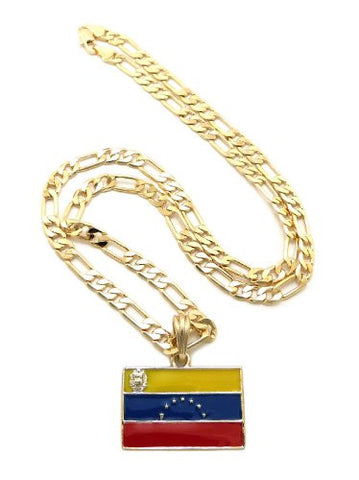 New Venezuela Flag Pendant Necklace w/ 5mm 24" Figaro Chain Gold Tone XSP375G