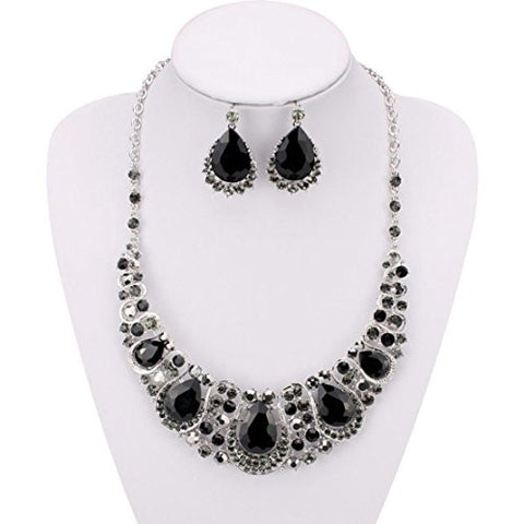 Pear Cut Jet Rhinestone Pave Fancy Necklace and Earrings Jewelry Set in Silver-Tone