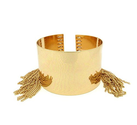Solid Polished Arm Bangle Cuff Band w/ Chain Tassels in Gold-Tone