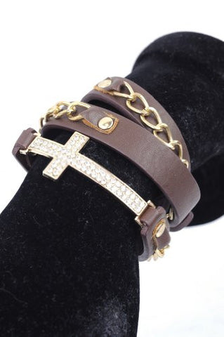New Brown/Gold Tone Rhinestone Cross Charm Chain/Leather Bracelet SJB1287BR