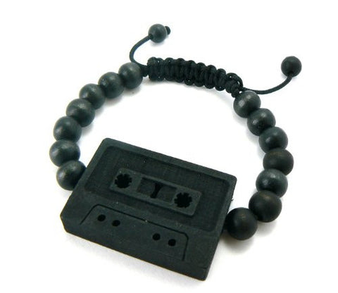 Classic Cassette Wooden Pendant Wood Bead Chain Bracelet in Black-Tone WB5BK