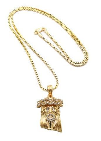 Gold Tone Iced Out Jesus Micro Pendant 2mm 30" Box Chain Necklace MMP5GBX