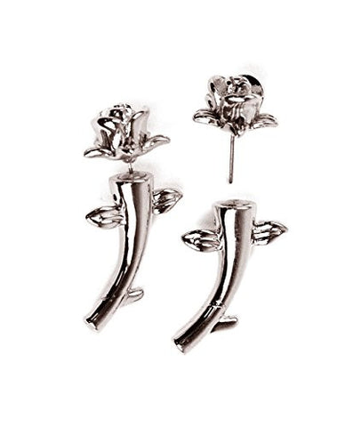 Rose Flower Charm 2-Side Stud Earrings in Silver-Tone