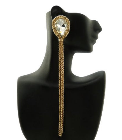Dangling Chain Wrap Pear Cut Clear Stone 7" Long Drop Earrings in Gold-Tone