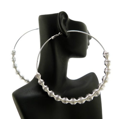 Ridged Chain Wrap 3.85" Big Hoop Earrings in Silver-Tone