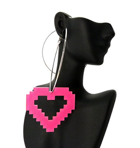 Pink Pixel Heart Dangle 3.25" Hoop Earrings in Silver-Tone