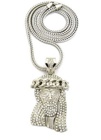 Cuban Crown Stone Stud Jesus Head Pendant 4mm 36" Franco Chain Necklace in Silver-Tone