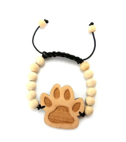 Puppy Paw Wood Pendant Wooden Bead Chain Bracelet in Natural-Tone WB26NL