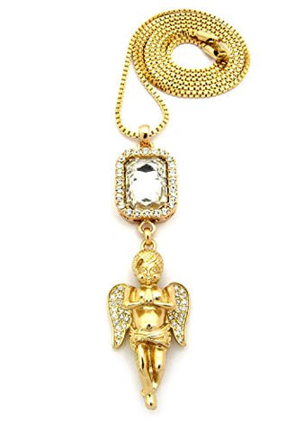 Clear Stone with Pave Prayer Angel Pendant 2mm 30" Box Chain Necklace in Gold-Tone