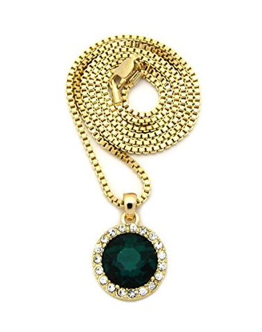Round Faux Emerald Stone Pendant w/ 2mm 24" Box Chain Necklace in Gold-Tone