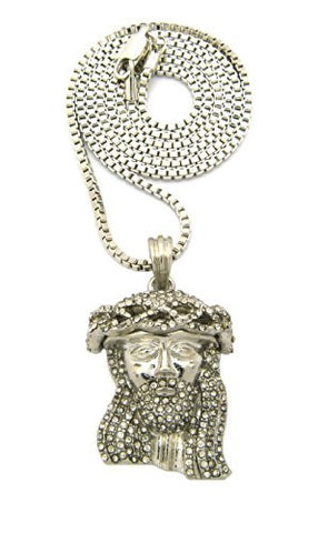 Crown of Thorns Jesus Paved Micro Pendant 24" Box Chain - Silver Tone MMP47RBX