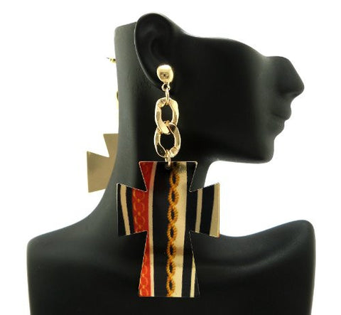 Fashion Print Wide Cross Plate Drop Earrings in Gold-Tone