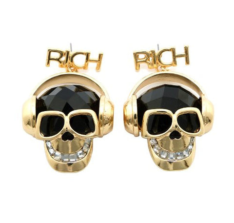 RICH Skull Charm Drop Earrings in Gold-Tone