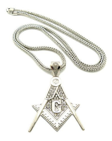 Iced Out Silver Tone Square and Compass Pendant 4mm 36" Franco Chain XP925R