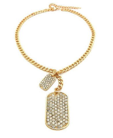 Rhinestone Gold Color Double Tag Necklace w/ 6mm 18" Link Chain HN1174GDCLR