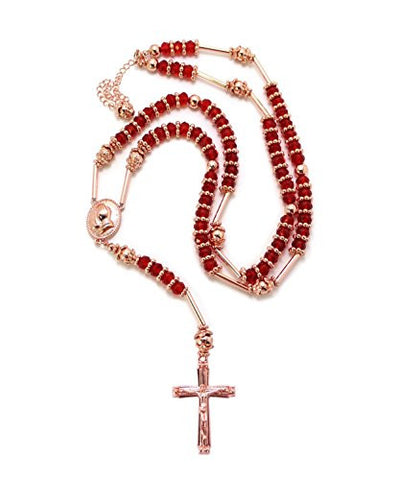 Praying Hands Crucifix Cross 39" Red Glass Beads Rosary Necklace - Rose Gold/Red-Tone HR200PGRD