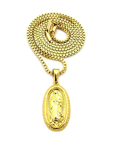 Plain Stainless Steel Oval Virgin Mary Pendant 2mm 24" Box Chain Necklace in Gold-Tone
