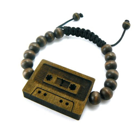 Classic Cassette Wooden Pendant Wood Bead Chain Bracelet in Brown-Tone WB5BRN