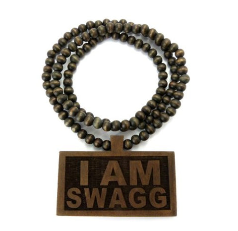 I AM SWAGG Wood Plaque Pendant 36" Wooden Bead Chain Necklace in Brown-Tone WJ169BRN