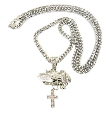 Praying Hands & Cross Pendant in Silver Tone w/ 36" Miami Cuban Chain CP50R