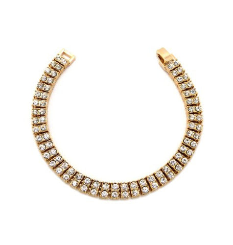 Iced Out 2 Row Rhinestone Bracelet 8.25" with Metal Clasp - Gold-Tone