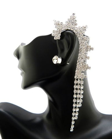 Snowflake Design Rhinestone Ear Cuff with Stud Earring in Silver-Tone