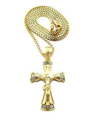 Stone Stud Crucifix Jesus Pendant 2mm 24" Box Chain Necklace in Gold-Tone